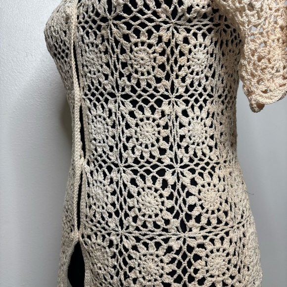 Vintage F.A.I. Crochet Cardigan Women’s L 100% Cotton Open Knit Boho Cream - Picture 5 of 16